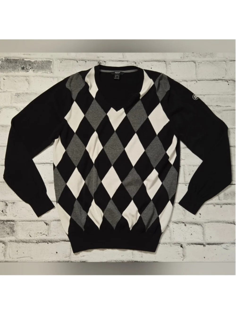 Abacus Men’s Argyle V-Neck Sweater Black Grey Diamond Knit XL